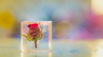 Handmade soap with a rose embedded inside on a colorful background. Artisan soap featuring a preserved rose. Concept of natural skincare, artisanal craft, beauty, and luxury photo