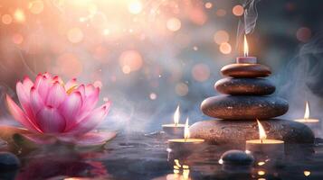 Lotus flower and massage stones with candles creating a tranquil spa scene. Serene setting with flower and warm candlelight. Concept of relaxation, meditation, and spa therapy. Banner. Copy space photo
