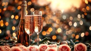 Champagne flutes with sparkling wine on a festive background. Elegant celebration setting with golden lights. Concept of luxury, celebration, and New Year's Eve, Christmas. Copy space photo
