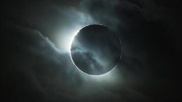 Solar eclipse with visible corona in a dark sky. Eclipse showing the solar corona. Concept of astronomy, celestial events, and cosmic phenomena photo