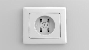 White electrical wall outlet with a child safety lock. Modern power socket. Concept of safety, home appliance, electrical power, interior design photo