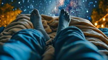 Feet in wool socks under a blanket with a starry sky background. Person stargazing in the evening. Concept of relaxation, night sky, cozy mood photo