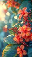Bright summer tropical botanical background with colorful leaves, flowers and bokeh effects. Trendy modern wallpaper with vibrant colors. Copy space. Mockup for design. Vertical format photo