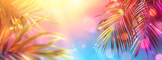 Bright summer tropical background with colorful pastel palm leaves and bokeh effects. Trendy botanical wallpaper with blue and pink colors. Wide banner. Space for text. Mockup for design photo