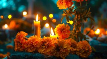Marigold flowers and candles on cemetery on the Day of the Dead. Lit candles in graveyard setting. Concepts of remembrance, cultural celebration, Traditional Mexican altar Dia de los Muertos photo