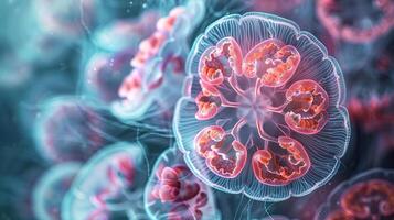 Detailed close-up of a red moon jellyfish. Microscopic view of aquatic life. Concept of marine biology, educational content, scientific exploration photo