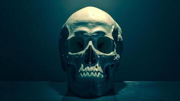 Human Skull on a Dark Background. Concept of anatomy, mortality, science, macabre art, Halloween photo