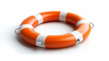 Orange and white lifebuoy isolated on a white background. Concept of safety, emergency rescue equipment, maritime safety, and precaution photo