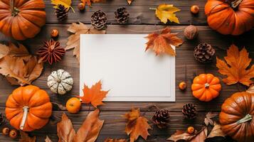 Festive autumn mockup with pumpkins and leaves. Dark wooden background with space for text. Concept of fall design, Thanksgiving card, harvest celebration, and elegant seasonal layout photo