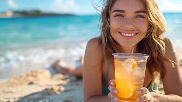 Woman on a beach sipping an orange drink, enjoying the sun. Refreshing summer cocktail in hand of a beach visitor. Concept of leisure activities, beach relaxation, summer vibes, and refreshing photo