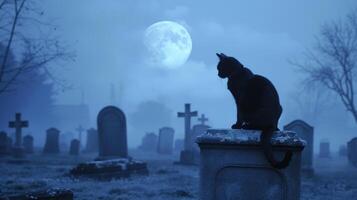 Black cat in a graveyard under the full moon at night. Concept of spooky, mystery, Halloween, eerie ambiance photo