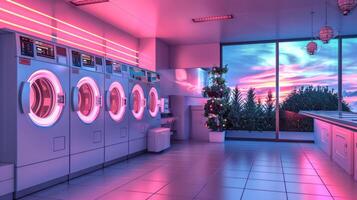 Sleek and modern laundromat equipped with high-tech machines and neon lighting. Futuristic laundry environment. Concept of advanced technology, public utility photo