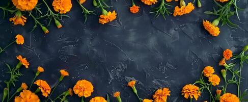 Marigold flowers on dark textured background. Copy space. Concept of floral arrangement, nature beauty, botanical design. Day of the Dead, Dia de los Muertos celebration. Greeting card photo