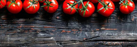 Red ripe tomatoes with stems on rustic wooden background. Fresh tomatoes, organic vegetables, healthy food, nature concept. Banner. Copy space photo