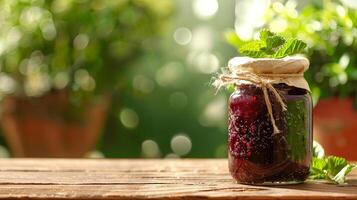 Jar of blackberry or raspberry jam on a wooden table in sunlight. Homemade preserves in a natural outdoor setting. Concepts of organic food, homemade, and nature. Copy space photo
