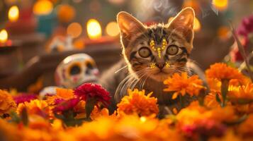 Cat with decorative face paint among orange marigolds. Feline adorned for festive celebration Day of the Dead. Concept of animal decoration, cultural events, festive design photo