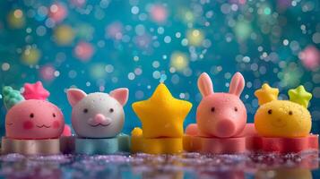 Playful and whimsical bath bombs in star, heart, and animal shapes. Funny and colorful bath accessories for kids. Concept of fun, kids hygiene, and cheerful bath products. Copy space photo