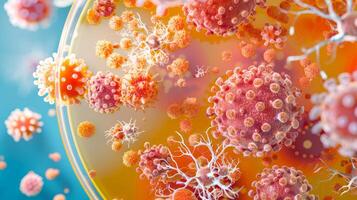 Close-up of various microorganisms in a petri dish under a microscope. Microbes and cells. Concept of biology, laboratory research, microbiology, cellular organisms photo