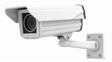 White CCTV surveillance camera mounted on the wall. Security equipment. Concept of monitoring, safety, surveillance, protection. Isolated on white background photo