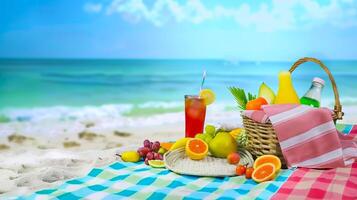 Beach picnic setup with a colorful drink and fresh fruits on a sandy shore. Idyllic day with tropical flavors. Concept of summer relaxation, beach dining, and vibrant lifestyle. Space for text photo