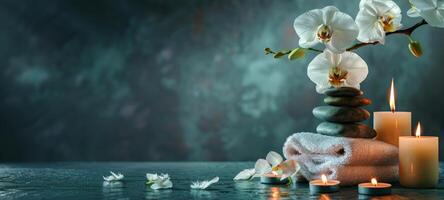 Elegant spa ambiance with towels, orchids, and lit candles. Luxurious environment. Concept of serene wellness, elegant relaxation, and luxury spa setting. Wide banner. Copy space photo