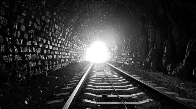 Black and white image of a railroad track inside a tunnel. Light at the end of the tunnel. Concept of journey, hope, direction, overcoming obstacles photo