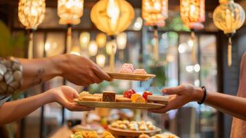 Diverse hands sharing traditional dim sum dishes in a lantern-lit Asian setting. Cultural food exchange, sharing, Asian cuisine, social dining concept photo