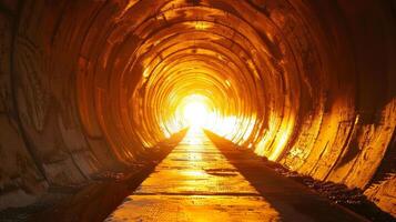 Illuminated tunnel with warm light at the end. Concept of hope, journey, futuristic architecture, engineering marvel. Light at the end of the tunnel photo