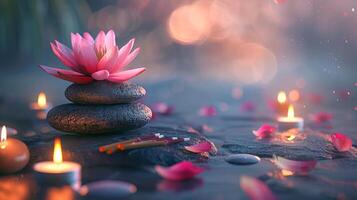 Serene setup of zen stones, lotus flower, and candles, creating a peaceful meditation space. Concept of tranquility, spiritual wellness, and calming environment. Banner. Copy space photo