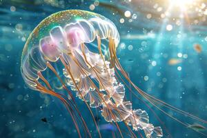 Jellyfish swimming in blue illuminated underwater with sunbeams. Luminous jellyfish. Concept of ocean depth, marine ecosystem, sea and light exploration. Medusa photo