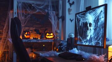 Spooky Halloween-themed room with illuminated jack-o-lanterns and a computer screen displaying a skull. Concept of Halloween decor, eerie ambiance, festive decorations, spooky celebration photo