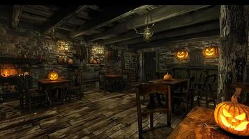 Dark rustic tavern decorated with jack-o-lanterns. Spooky pub interior with carved pumpkins. Halloween, eerie ambiance, haunted tavern, rustic decor concept photo