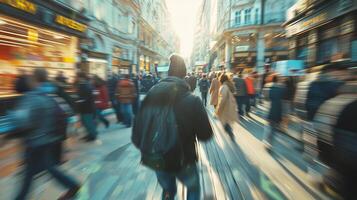 Blurred motion of a man rushing through a busy urban street. Fast-paced city life captured in dynamic motion. Concept of urban rush, city hustle, busy lifestyle, and motion blur. photo