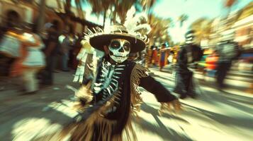 Child in traditional Day of the Dead costume dancing. Kid in Dia de los Muertos attire moving. Concept of cultural celebration, Mexican festival, traditional attire, and vibrant parade photo