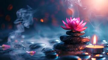 Warm candlelight, lotus flower and massage stones in calm and serene spa environment. Concept of meditation, relaxation therapy, and tranquil wellness. Banner. Copy space photo