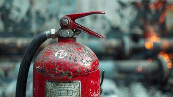 Weathered Fire Extinguisher with Hose in Outdoor Setting. Safety Equipment. Concept of Emergency, Preparedness, Vigilance photo