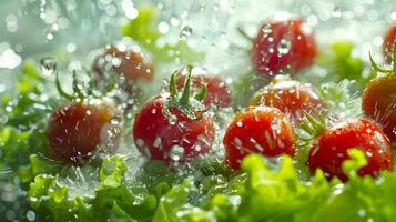 Fresh tomatoes and green lettuces under splashing water. Healthy vegetables, organic produce, freshness, gardening concept photo