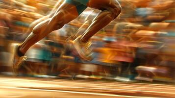 Close-up of an athlete's legs running on a track with blurred motion. Muscular legs in action during a race. Concept of speed, athleticism, competition, and dynamic movement photo