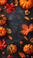 Autumn pumpkins and leaves on dark textured background. Fall gourds and foliage arranged on a black surface. Seasonal decoration, autumnal design, nature's colors, fall concept. Copy space. Vertical photo