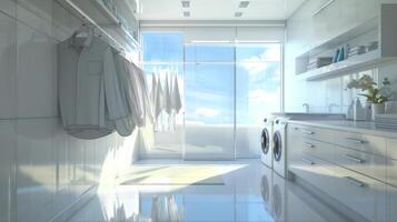 Light-filled laundry space with elegant appliances and organized shelving. Interior design of a laundry room. Concept of streamlined living, household management, cleanliness photo
