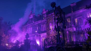 Halloween haunted mansion lit with purple lights at night. Concept of creepy house, spooky skeleton, scary decoration, horror theme photo