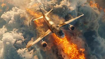 Airplane engulfed in flames descending in cloudy sky. Aircraft on fire falling through the clouds. Concept of disaster, aviation accident, emergency situation. Burning plane photo