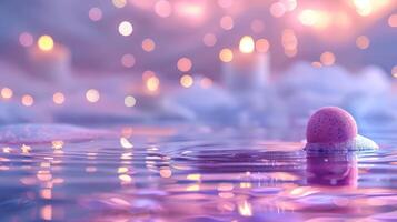 Purple bath bomb dissolving in a bathtub with soft candle lighting. Fizzy bath bomb creating a luxurious bath experience. Concept of indulgence and relaxation in a spa setting. Copy space photo