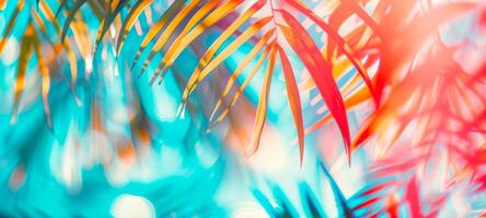 Bright summer tropical background with colorful palm leaves and bokeh effect. Trendy botanical wallpaper with soft colors. Festive mood. Summer vibes. Wide banner. Copy space. Mockup for design photo