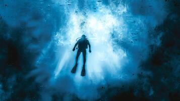 Scuba diver swimming in the ocean depth. Concept of underwater adventure, marine life, and scuba diving tourism. Digital art photo