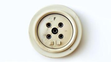 Vintage white wall socket with multiple connector holes on a white background. Concept of retro design, electricity, technology, electrical component photo