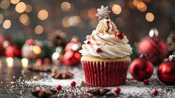 Festive Christmas cupcake with red wrapper and cream frosting. Holiday dessert concept. Christmas decorations. Festive food display. Copy space photo