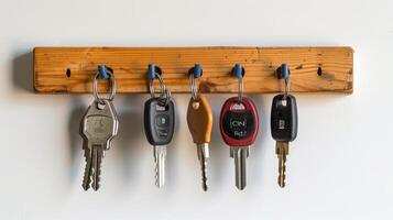 Diverse collection of keys hanging on a wooden key rack. Concept of organization, security, home utilities, key holder, car keys photo