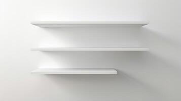 Three empty white floating shelves on a plain white wall Minimalist design Concept of organization storage modern interior simplicity. Copy space. Mockup photo