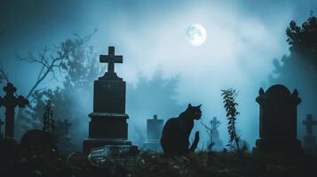 Black cat in a graveyard under the full moon at night. Concept of spooky, mystery, Halloween, eerie ambiance photo